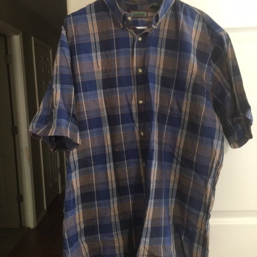 Men's Stone River Short Sleeve Button-Up Blue Checkered--Size LXT